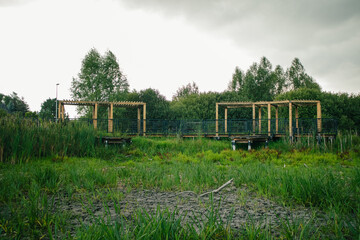 Gazebo by overgrown lake