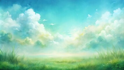 watercolor texture of light sea green grass and sky gradient with clouds