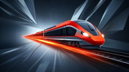 Fototapeta premium A sleek, modern high-speed train in motion, with a striking orange and gray design. The train appears to be speeding through a futuristic tunnel, with dynamic light trails highlighting its velocity
