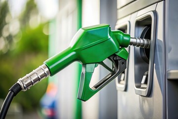 Low angle view of green fuel nozzle hanging on dispenser