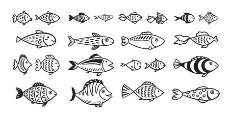 Doodle fish icon set. hand drawn Fish sketch collection. Underwater world sea life ocean