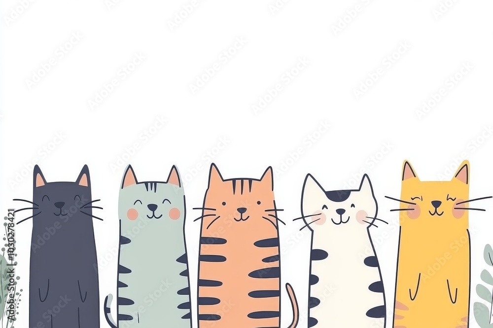 Poster group of colorful cartoon cats standing in a row each with a unique design creating a fun and playfu