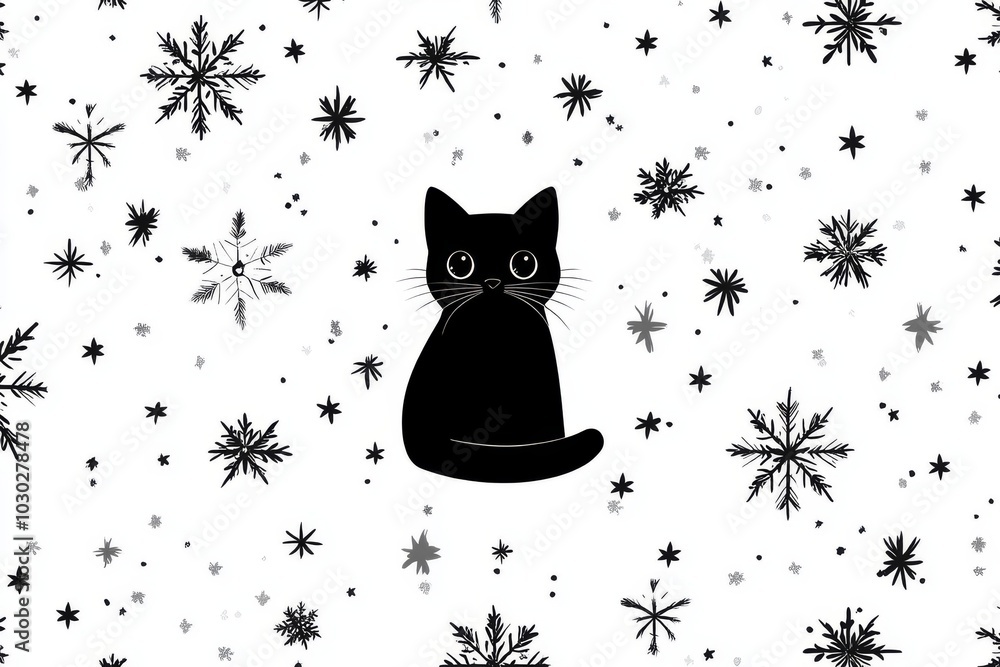 Aufkleber black cat sitting amidst a pattern of snowflakes on a white background creating a whimsical and magi