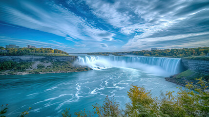Picturesque Waterfall with Lush Greenery and Rocky Terrain