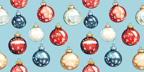 Seamless pattern with Christmas colored balls on a blue background 