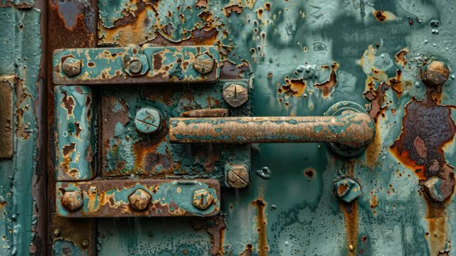 A rusty metal door handle with peeling green paint shows the passage of time