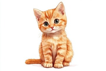 Obraz premium Orange tabby kitten sitting upright with wide eyes its fur softly textured in a detailed illustration that captures youth innocence and curiosity