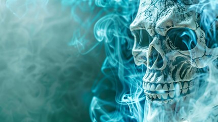 Fototapeta premium Skull is shown in front of a blue background with smoke, Halloween theme