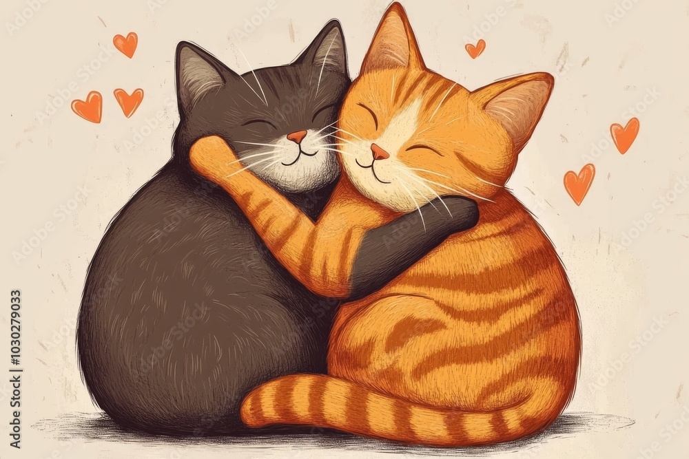 Poster two cats one orange and one brown hugging closely with hearts surrounding them creating a warm and a