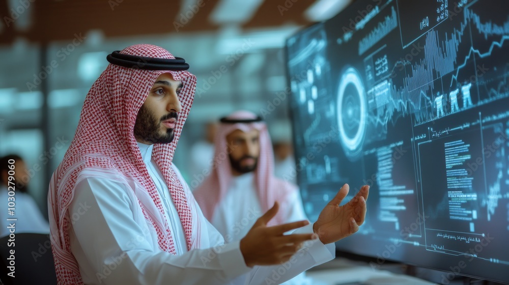 Poster Two Saudi professionals are engaged in a discussion while analyzing complex data visualizations on large digital displays, reflecting a collaborative atmosphere in a contemporary office setting.