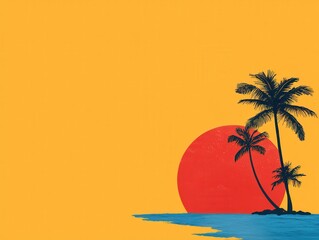 Sunset over the sea with palm trees against a vibrant yellow background.