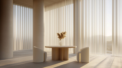 Minimalist dining setup with two sleek white chairs, a round wooden table, and a single vase with dried flowers under soft morning light