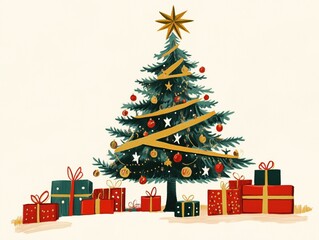Fototapeta premium Decorated Christmas tree with gifts and golden stars on a white background. Holiday spirit, festive decoration, and joyous celebrations.