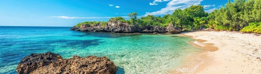Fototapeta premium Scenic beach with turquoise water, clear sky, and lush greenery, perfect for relaxation.