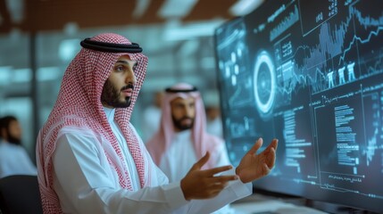 Two Saudi professionals are engaged in a discussion while analyzing complex data visualizations on large digital displays, reflecting a collaborative atmosphere in a contemporary office setting.