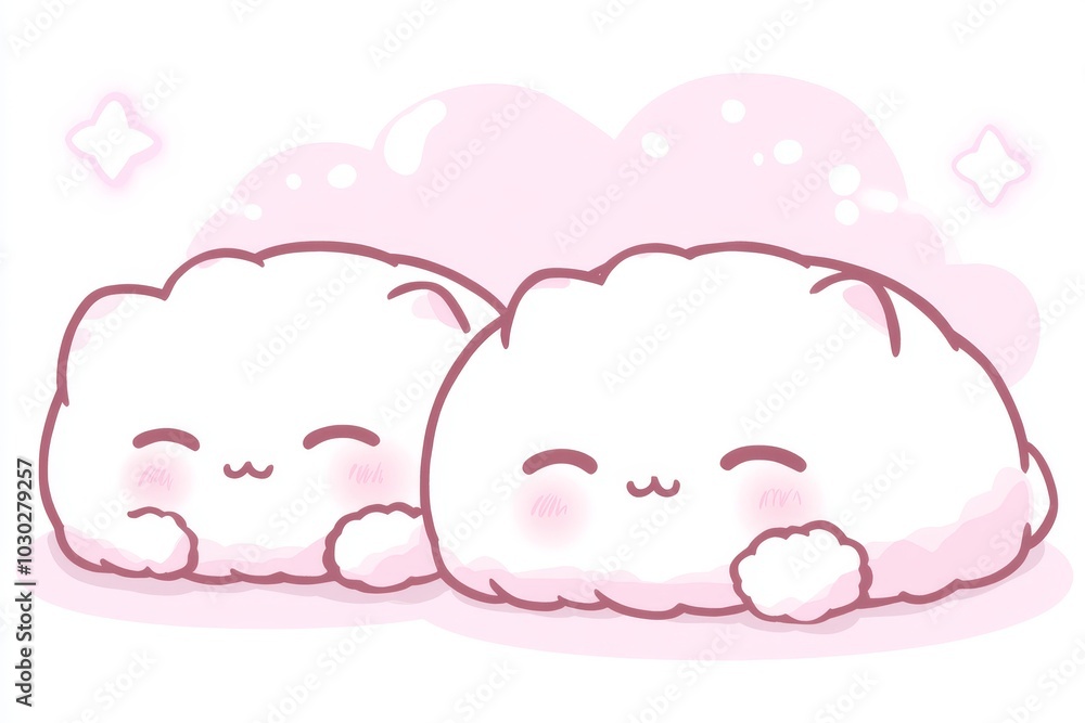 Poster two fluffy clouds cuddling together with smiling faces creating a soft and adorable cartoon design t