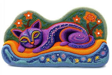 Obraz premium Colorful embroidered cat with intricate patterns and vibrant details lying in a decorative abstract design that evokes a sense of artistic craftsmanship and folk tradition