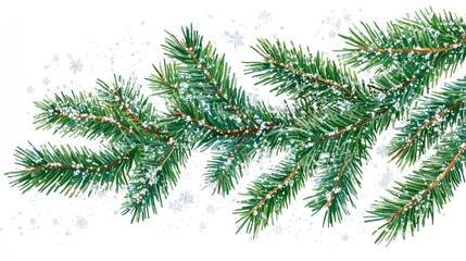 Green tree branches with snowflakes christmas pine decoration.