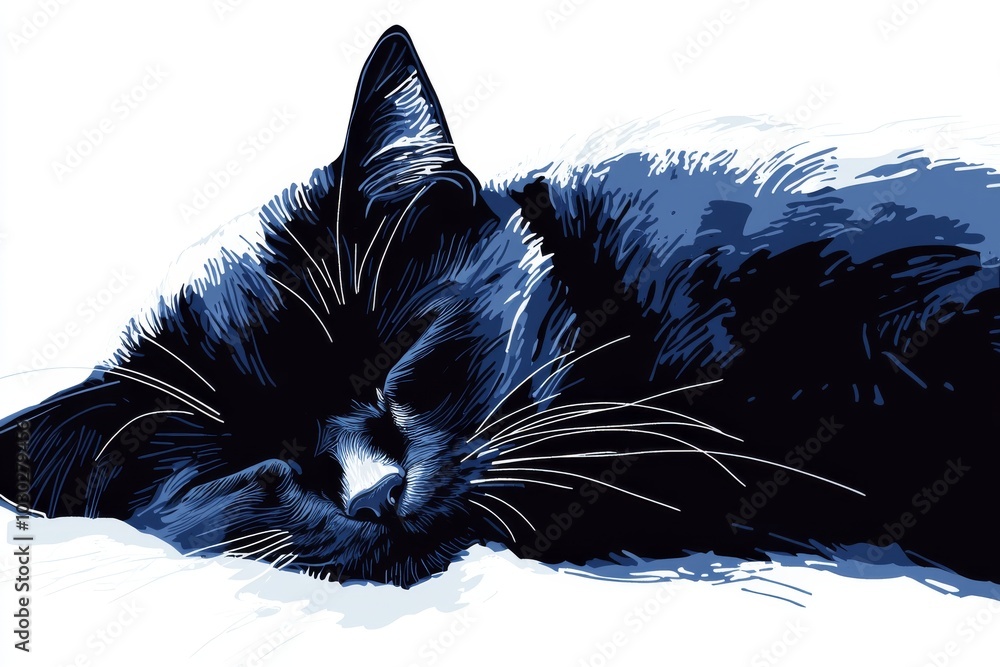 Poster Dark blue cat lying down in a shadowy abstract style blending into the background creating a moody and introspective scene with strong artistic expression