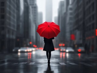 Person with a red umbrella walking down a rainy city street, surrounded by tall buildings, with wet pavement reflecting the surroundings
