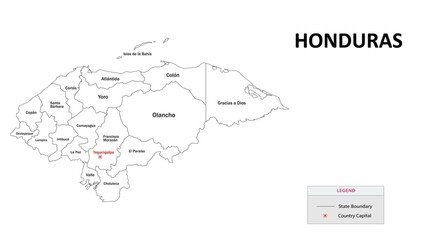 honduras Map. State and district map of honduras. Administrative map of honduras with states and...