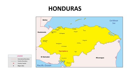 Obraz premium honduras Map. Major cities in honduras. Political map of honduras with border and neighbouring countries.