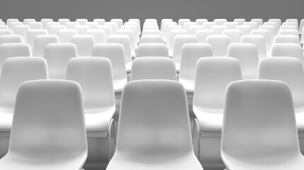 Fototapeta premium Rows of empty white chairs against a gray background in a minimalist setting. Organization, order, and modern design aesthetics.