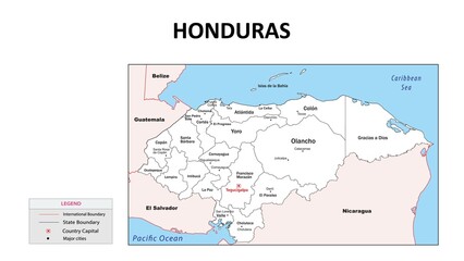 honduras Map. State map of honduras. Administrative map of honduras with state and capital in white...