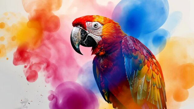A scarlet macaw stands out against a colorful watercolor background