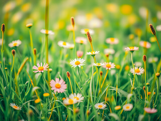 Obraz premium Dream fantasy soft focus sunset field landscape. Happy idyllic flowers grass meadow warm golden hour sunset sunrise time bokeh tranquil spring summer nature closeup abstract blur forest background. AI