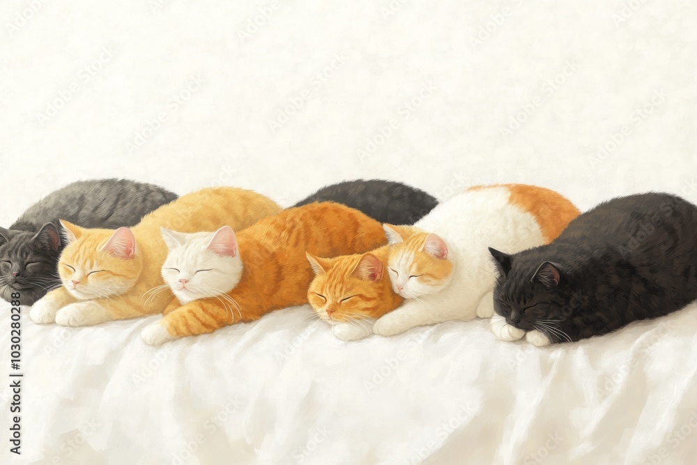 Poster multiple cats of different colors sleeping in a row creating a peaceful and cozy pattern in a soft a