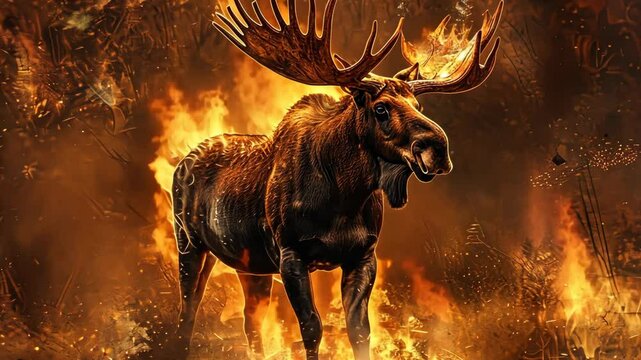 A moose stands amidst a raging wildfire, its fur glowing in the heat
