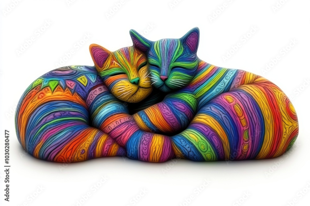 Poster colorful cat curled up with intricate patterns in a rainbow of vibrant hues creating a whimsical and