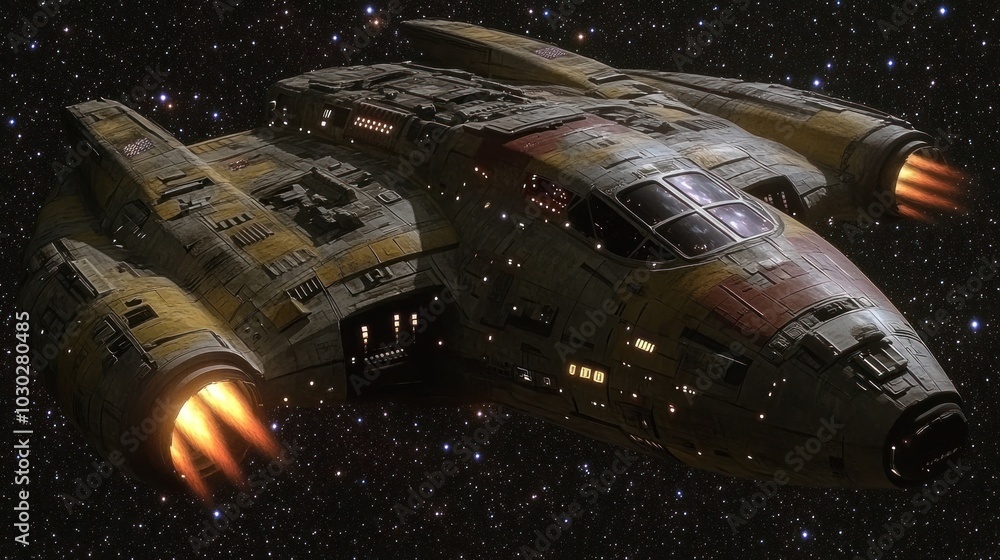 Aufkleber a futuristic spacecraft navigating through a starry space backdrop.