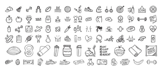 Fitness, sport and health icons doodle hand drawn set. Healthy lifestyle isolated symbols © Yanka