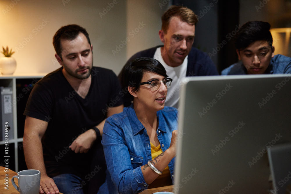 Poster Business people, computer and collaboration at night for diversity, information technology or coding. Research, programming and teamwork for problem solving, software development or cybersecurity app