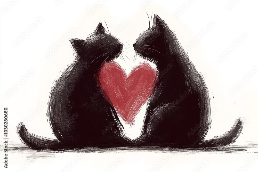 Poster two black cats sitting back to back with a heart between them creating a symbolic and romantic repre