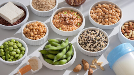 Plant based protein sources arranged in bowls, showcasing variety and nutrition