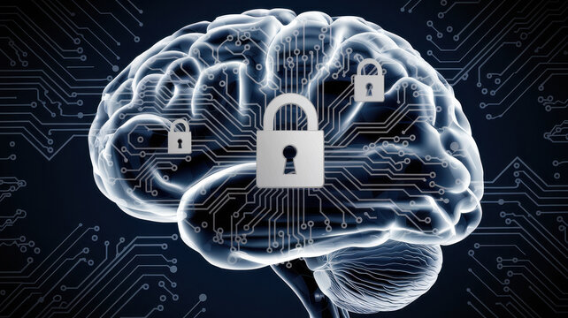 Digital brain with circuit patterns and security locks symbolizes data protection - Powered by Adobe