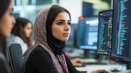 A young woman wearing a hijab focuses intently on coding at her workstation, surrounded by colleagues in a contemporary office