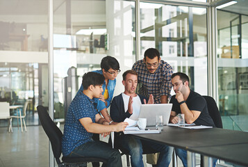 Office, planning and business men on laptop for research, website review and online project. Creative agency, startup company and men and women on computer for meeting, teamwork and collaboration