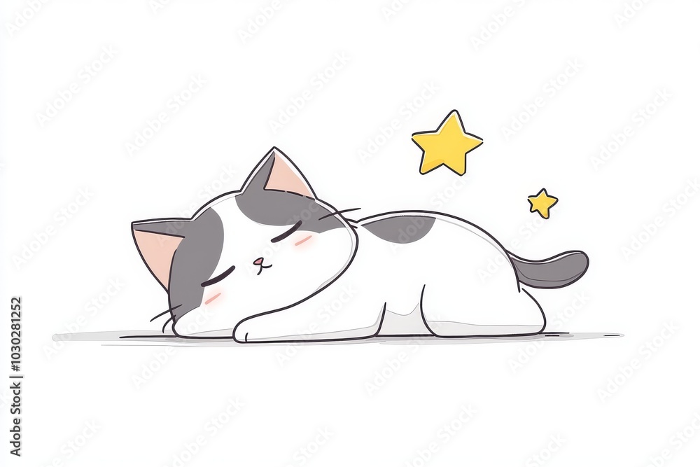 Poster sleepy cat lying down with a small star floating above its head creating a soft and peaceful scene i