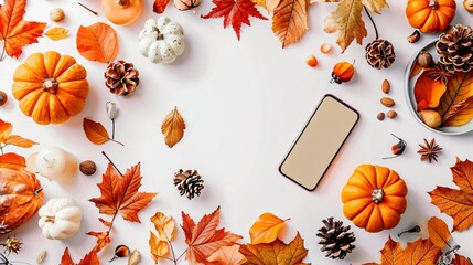 Top view, White background with a phone and a bunch of pumpkins and leaves, Halloween theme