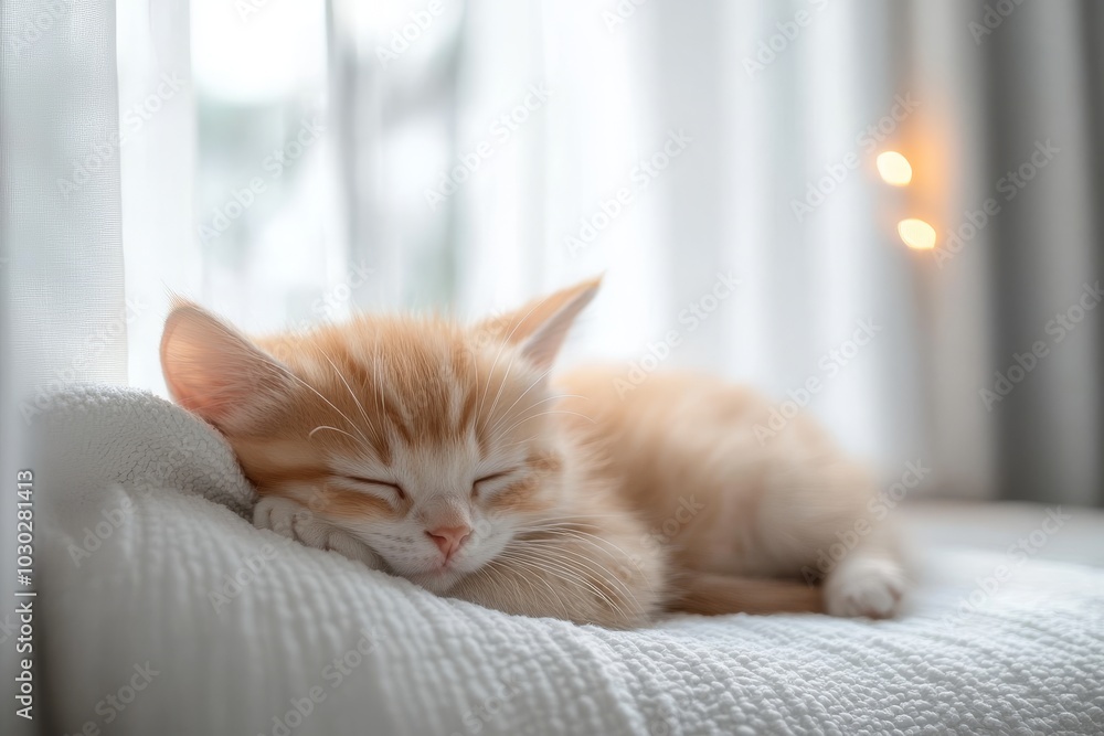 Poster sleeping orange kitten curled up in a soft white blanket with a glowing light in the background crea