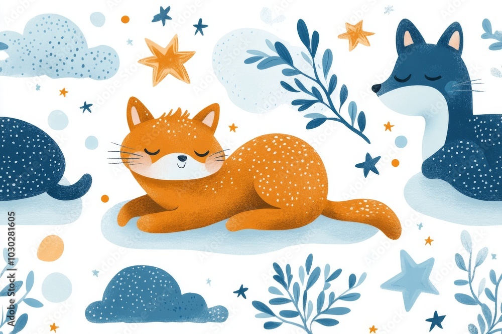 Poster playful orange and blue cat illustration surrounded by floating leaves and abstract clouds creating 