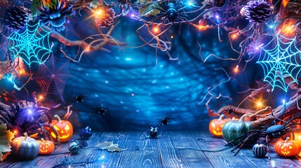 Blue background with a spider web and a bunch of Halloween decorations, Halloween theme