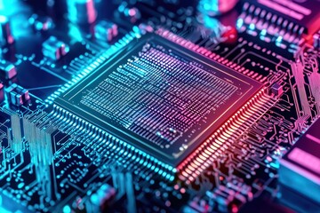 Obraz premium High-tech microprocessor chip background for illustrating modern electronics and computing.