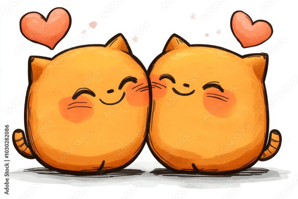 Poster two chubby orange cats facing each other with pink hearts floating above creating a playful and joyf
