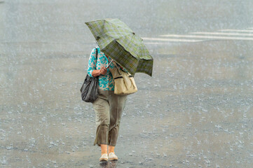 woman covered by umbrella from heavy rain