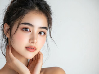 young Asian woman model poses gracefully with her hand on her cheek, showcasing natural and radiant look. bright, minimal background enhances her beauty, making it ideal for cosmetics